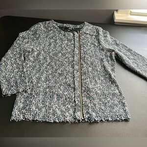 ana women’s blue zip sweater pockets fringe‎ lightweight 3/4 sleeve croquette